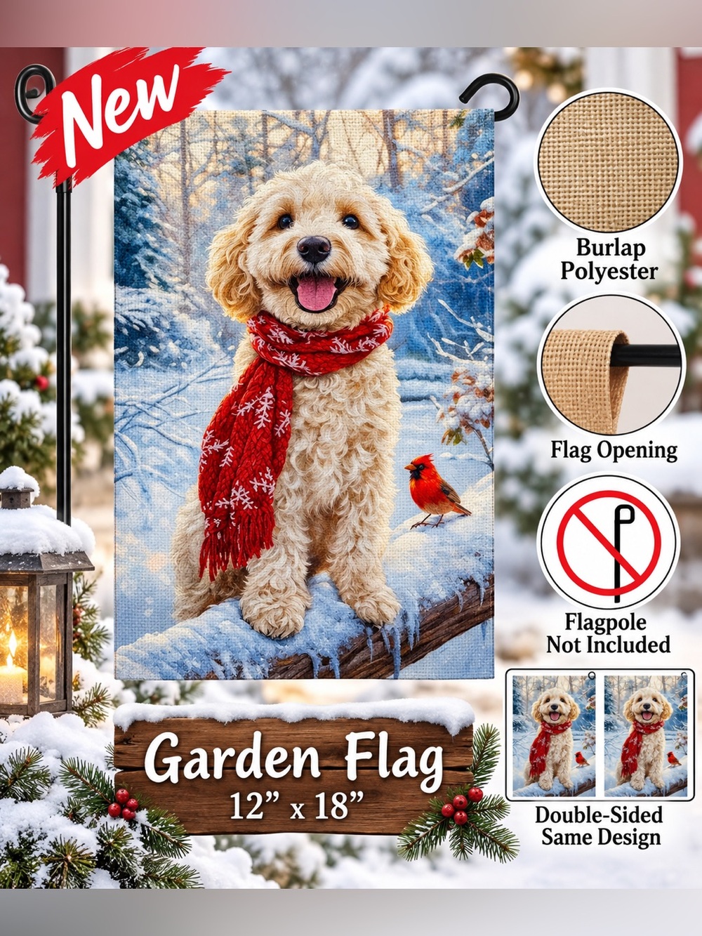 Garden Flag, Winter Goldendoodle dog, burlap, double-sided, approx 12”x18”